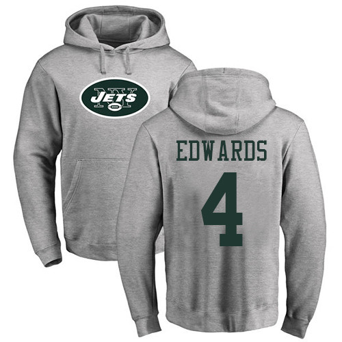 New York Jets Men Ash Lac Edwards Name and Number Logo NFL Football #4 Pullover Hoodie Sweatshirts